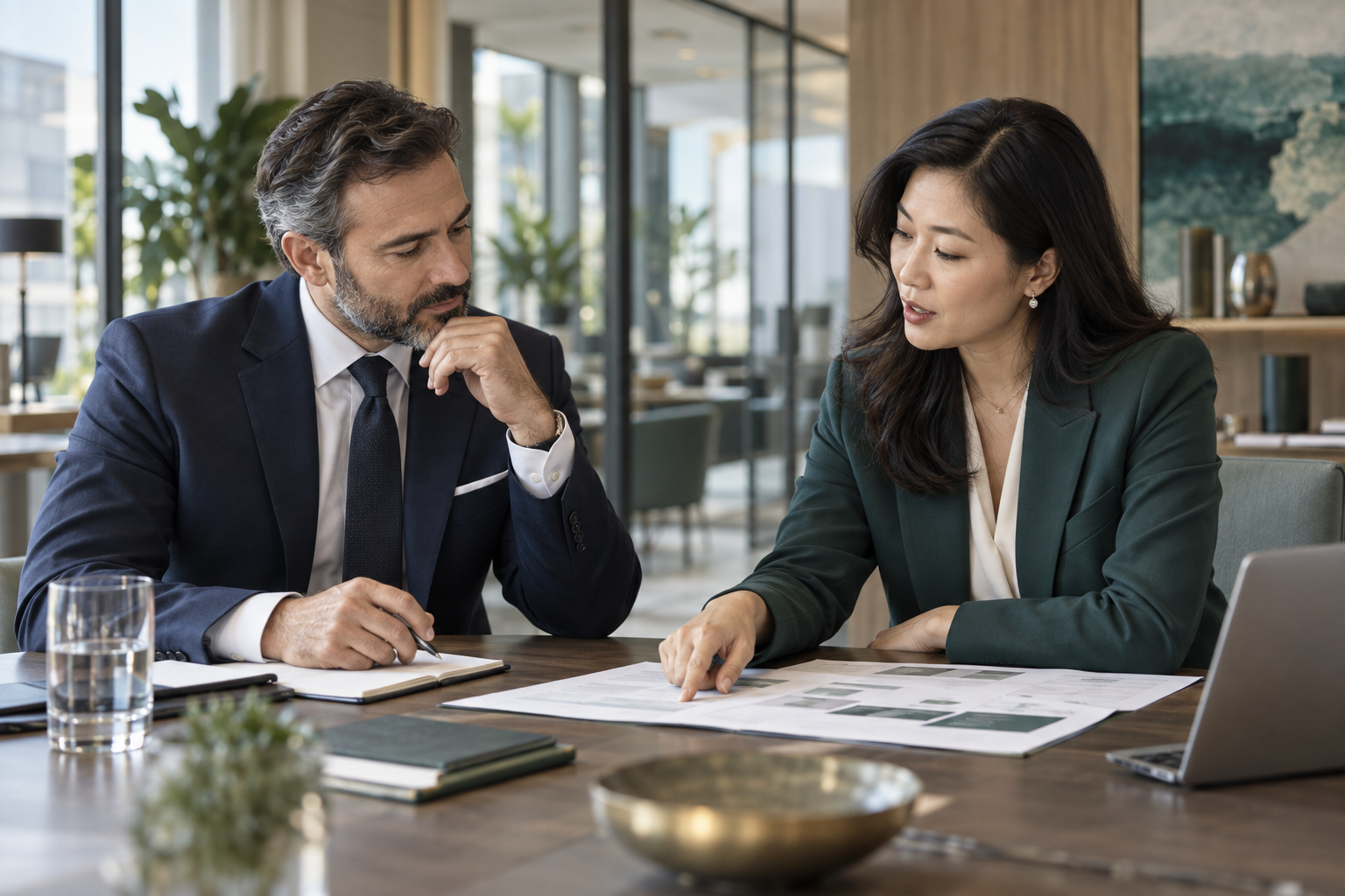 A consultant and business executive reviewing a strategic plan together