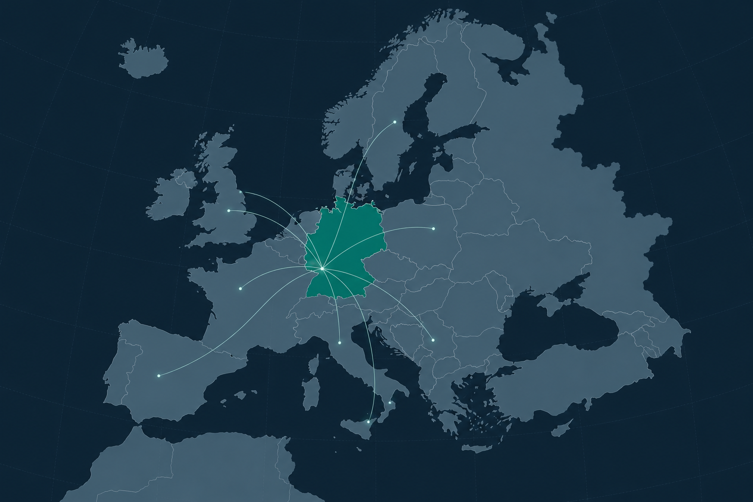 Illustrative map of Europe highlighting Germany and connections to European markets