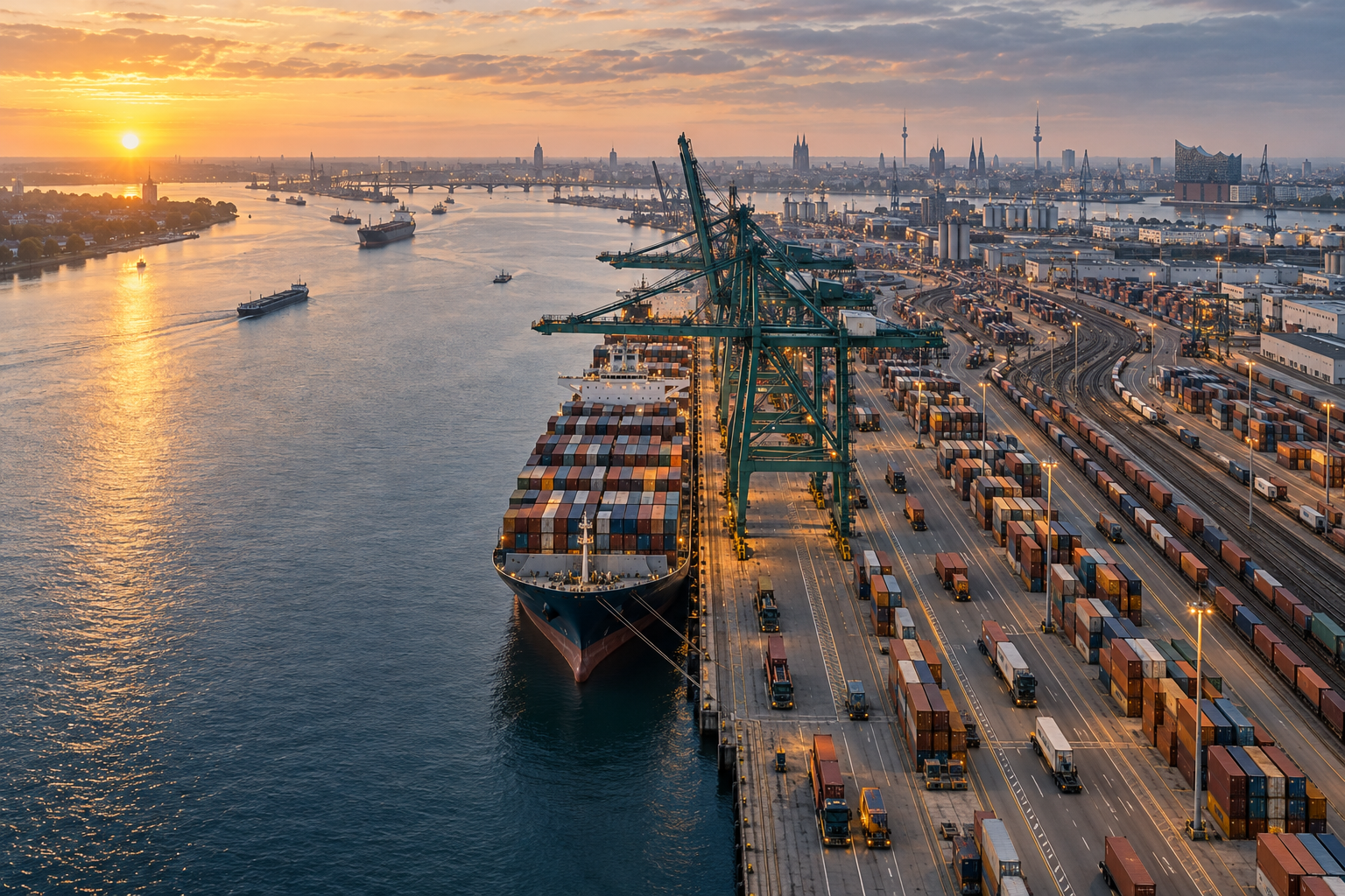 Illustrative European trade port at sunrise