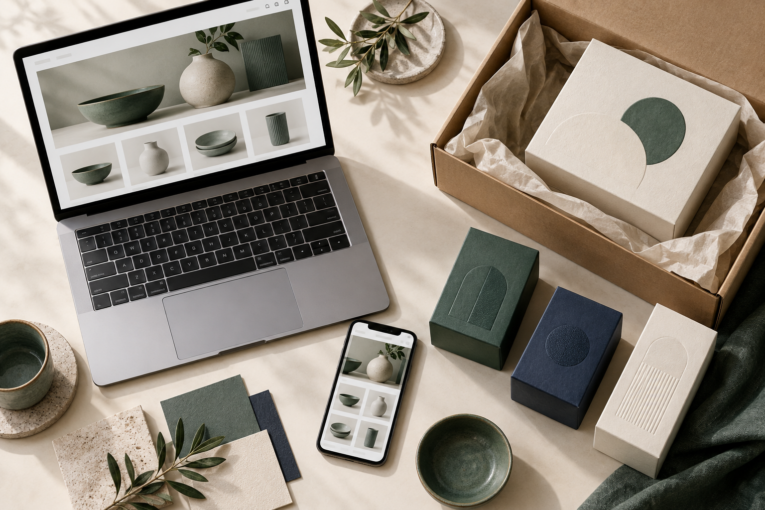 Ecommerce storefront and product packaging illustrating a brand launch